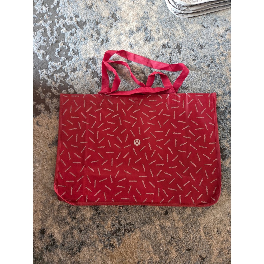 Lululemon Reusable Tote Bag Red All Over Logo Print Large Shopper Gym Bag Snap